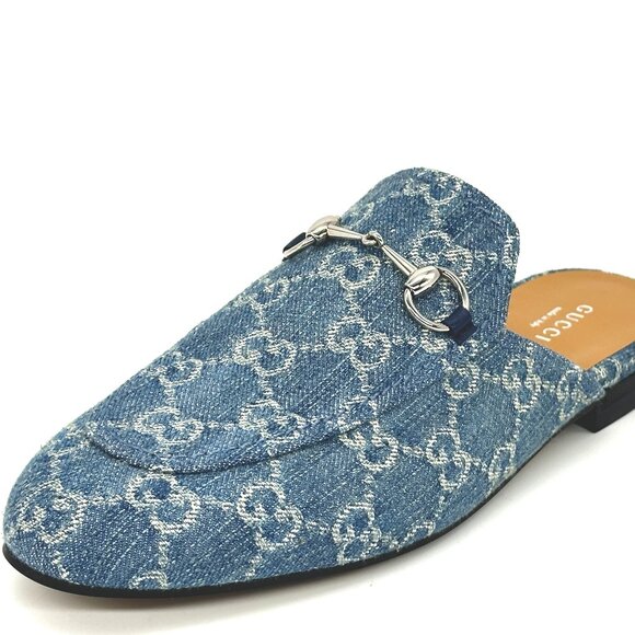 Gucci Princetown GG Monogram Denim Horsebit Flat Mule Slide Sandals Loafers - Picture 5 of 16
